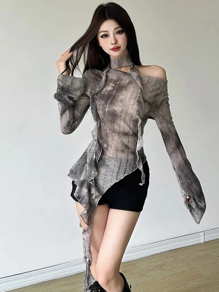 Gothic Lace-Up Slim Off-Shoulder T-Shirt