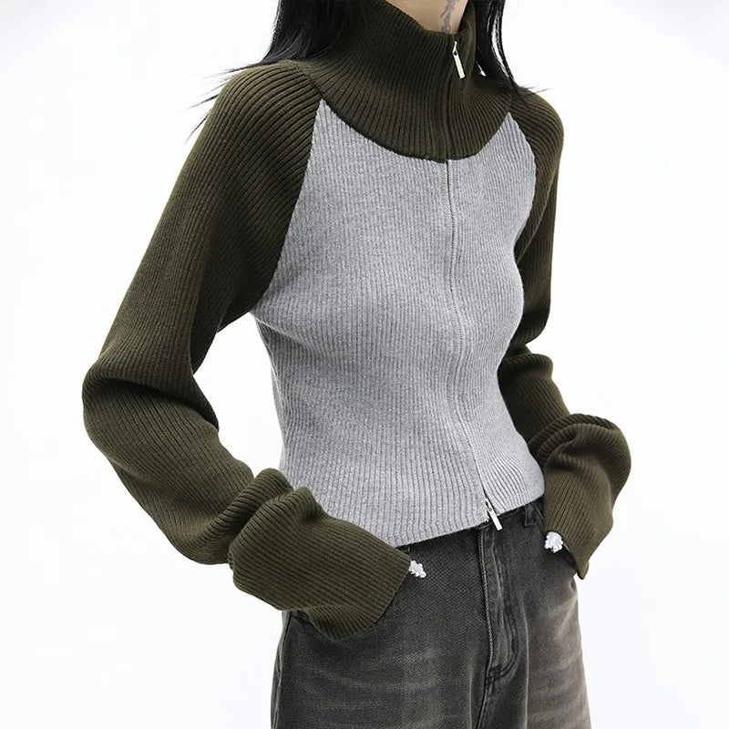 Vintage Grunge Patchwork Turtleneck Cardigan Coat