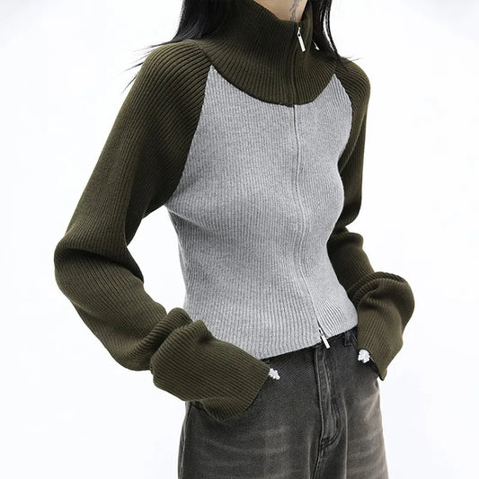 Vintage Grunge Patchwork Turtleneck Cardigan Coat
