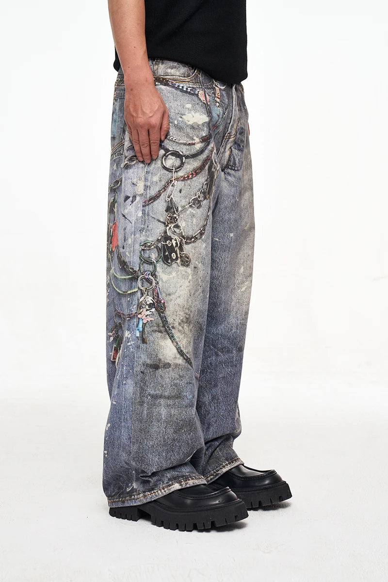 Luxury Loose Washed Digital Graffiti Jeans