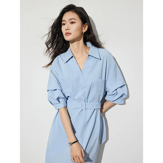 Stylish Summer V-Neck Midi Dress Shirt