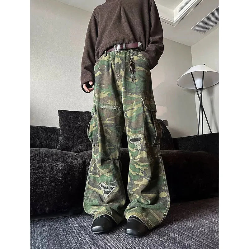 Vintage Patchwork Camouflage Baggy High Jeans