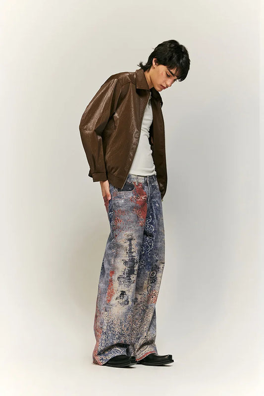 Cashew Flower Digital Printed Baggy Jeans