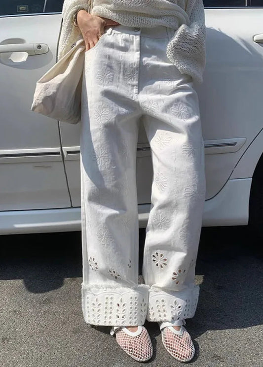 Vintage Floral Embroidered Hollow Straight Jeans