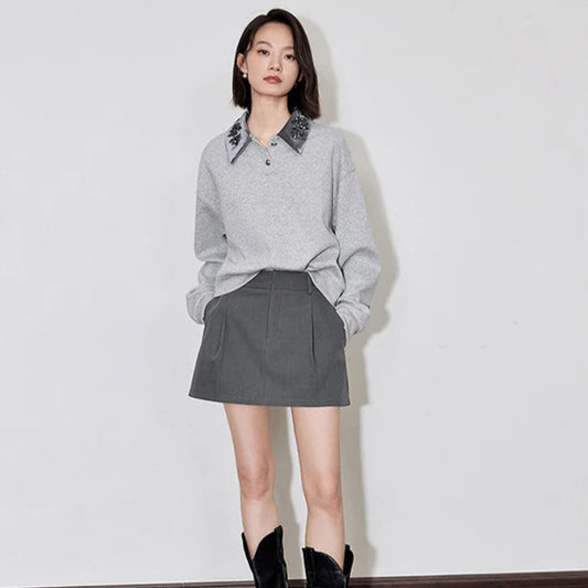 Beaded Embroidered Gray Sweatshirt Fall Shirt