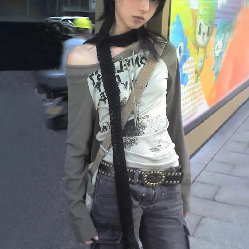 Graffiti Print Off Shoulder Long T-Shirt
