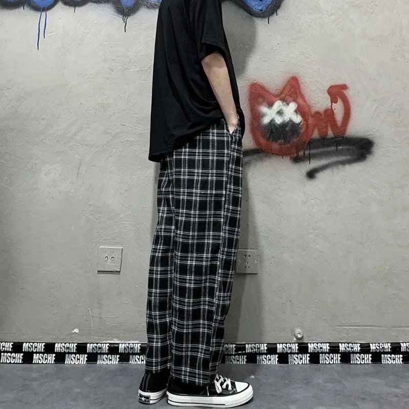 Summer Korean Style Plaid Wide-Leg Pants