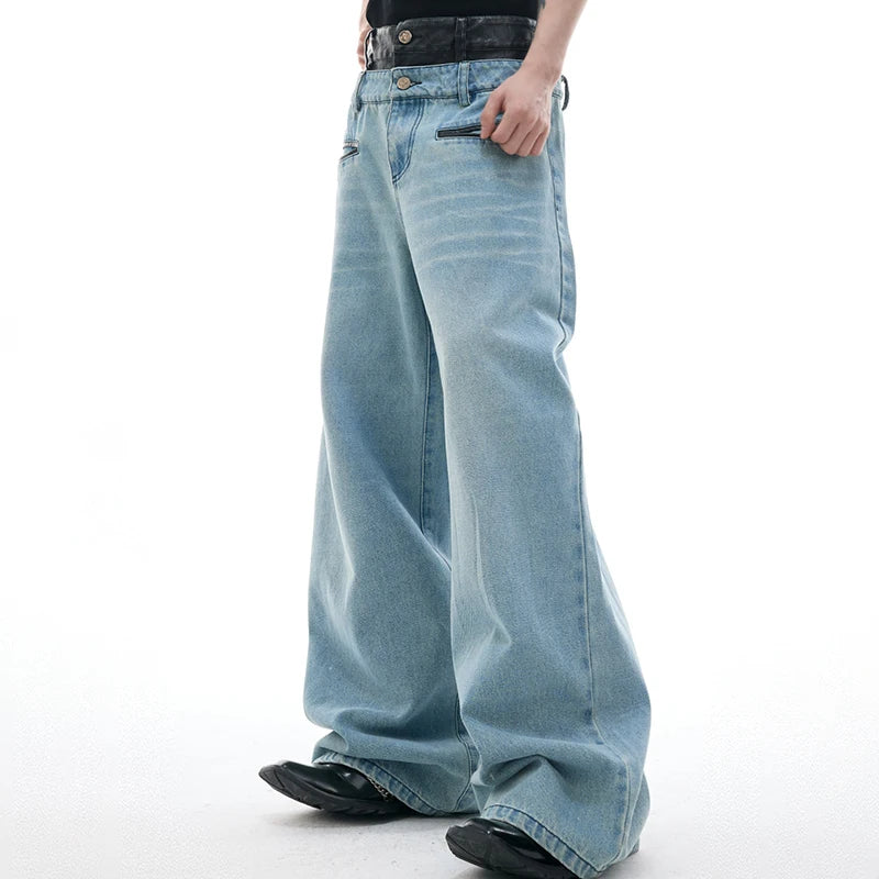 Color Contrast Leather Neck Denim Jeans