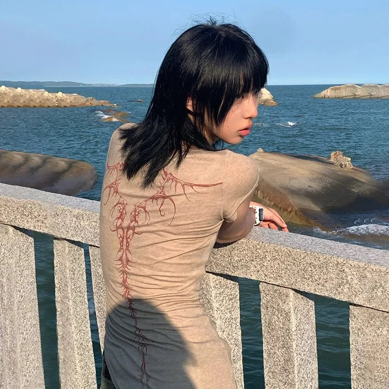 Vintage Tattoo Print Knitted Irregular T-Shirt