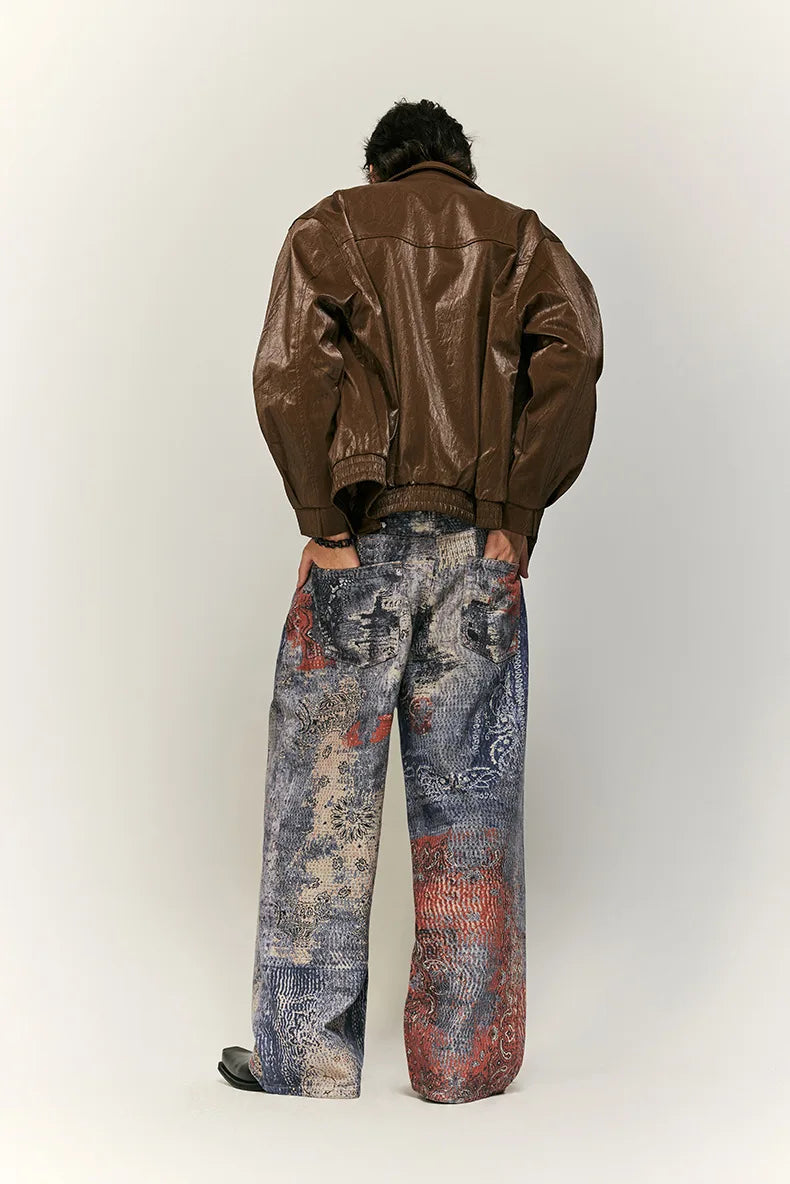 Cashew Flower Digital Printed Baggy Jeans