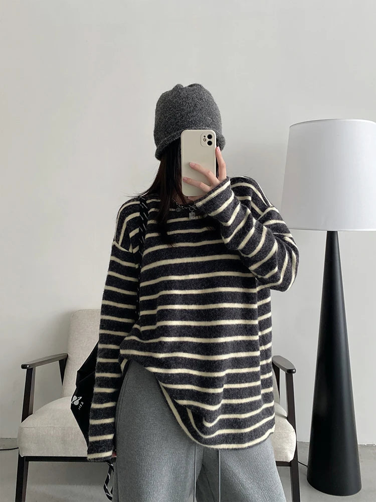 Retro Striped Lazy Style Long T-Shirt