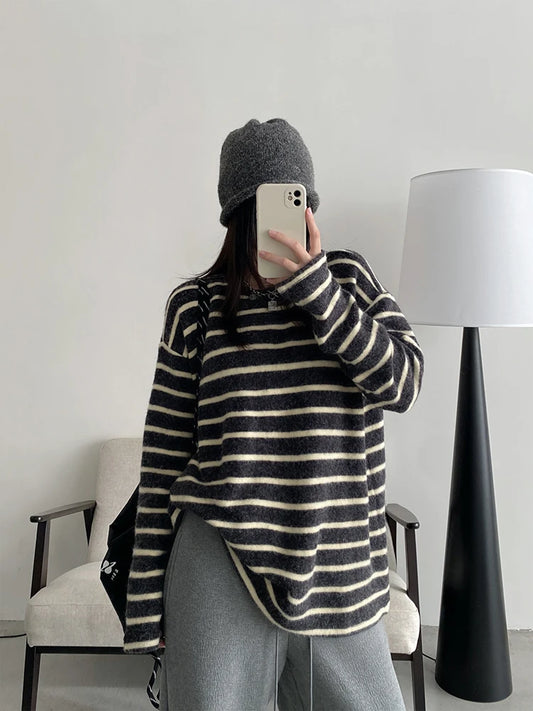 Retro Striped Lazy Style Long T-Shirt