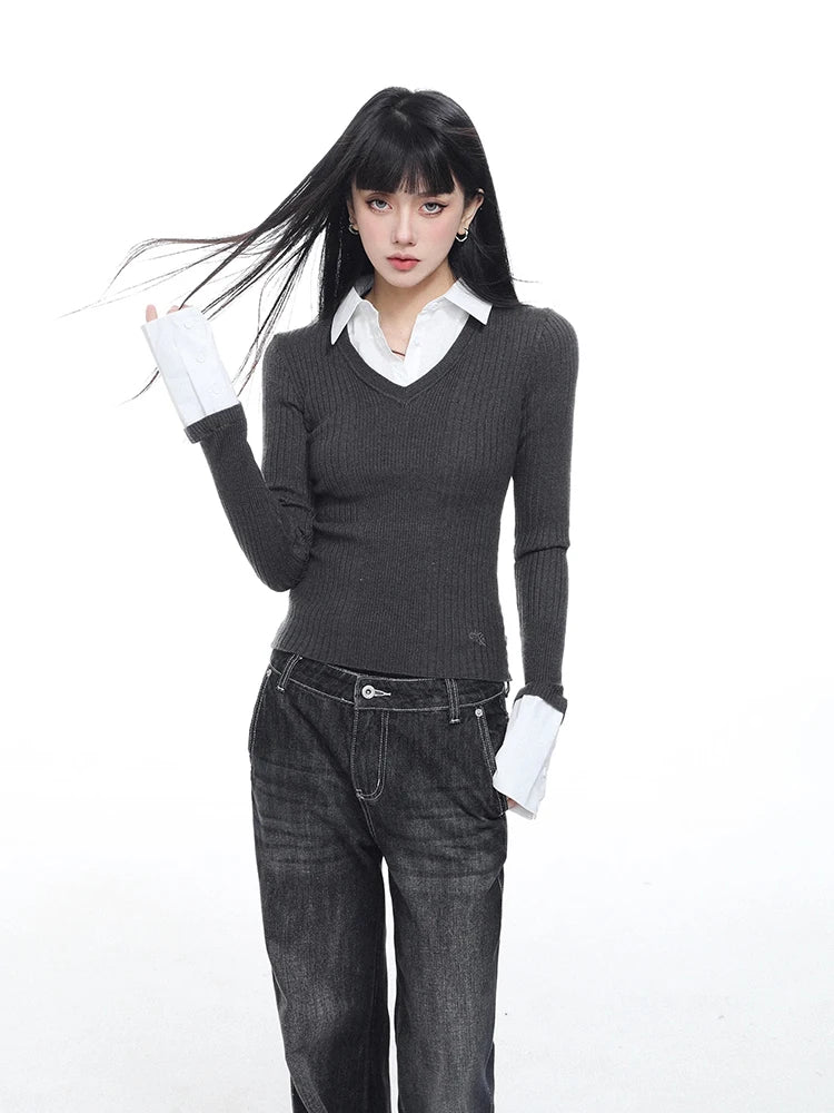 Contrast Color Lapel Sweater Knitted