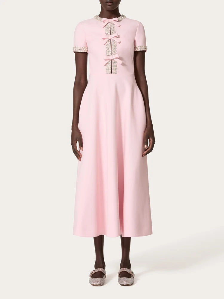 Chic Diamond Patchwork Dress with Bow