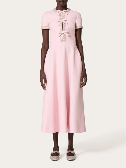 Chic Diamond Patchwork Dress with Bow
