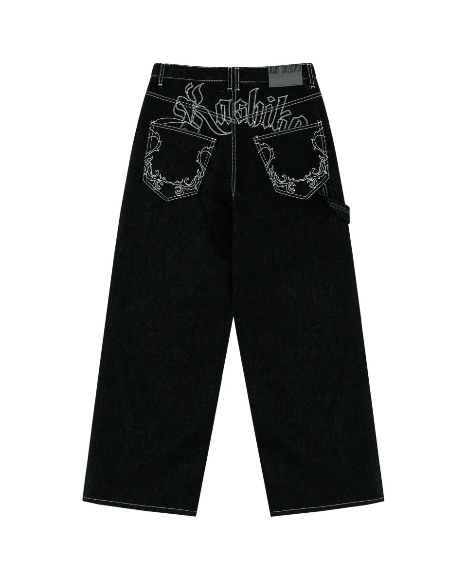 Retro Embroidery Loose Straight Jeans