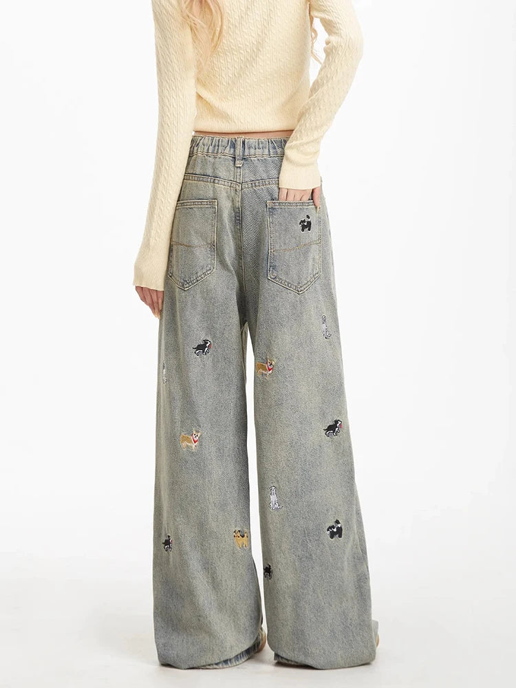 Embroidered Puppy Patch Wide Leg Jeans