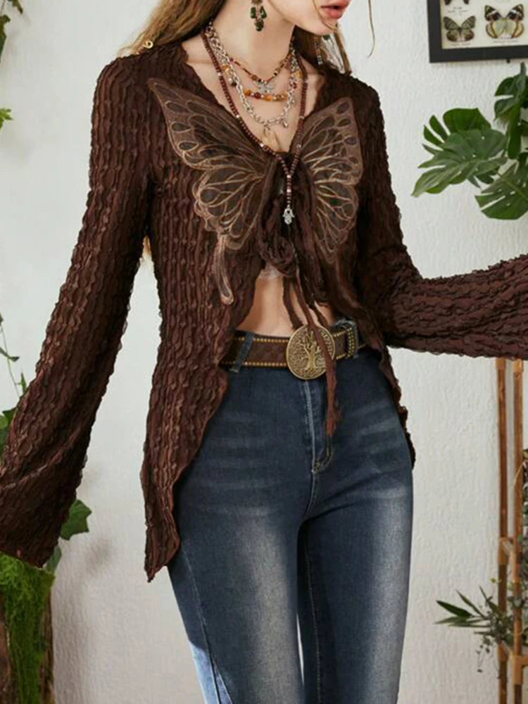 Butterfly Patchwork Lace Cardigan Aesthetics T-Shirt