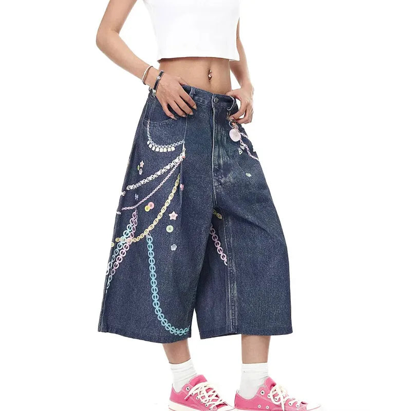 Colorful Chain Print Denim Shorts