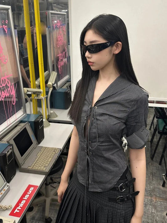 Slim Striped Hollow Out Lace Shirt