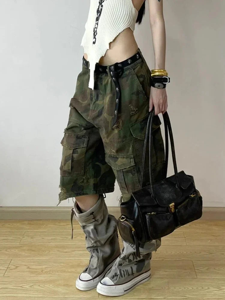 Vintage Camouflage Green High Waist Jeans