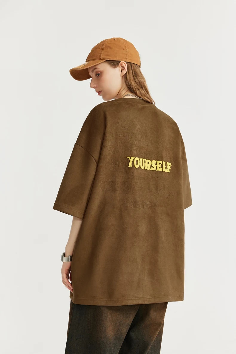 Embroidered Oversized Suede T-Shirt