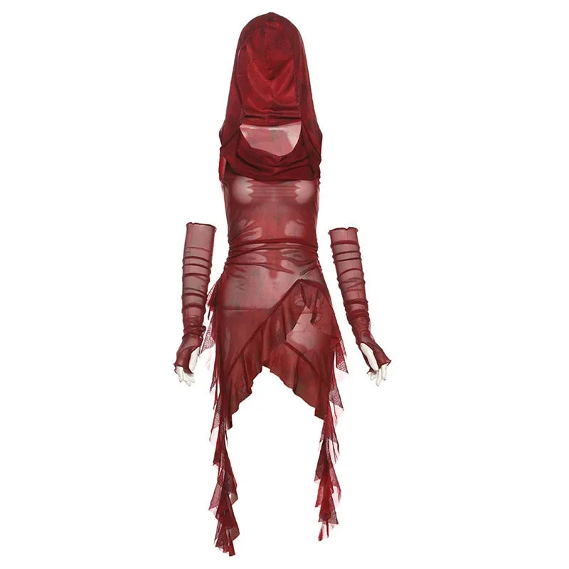 Sheer Mesh Grunge Irregular Hem Hoodie