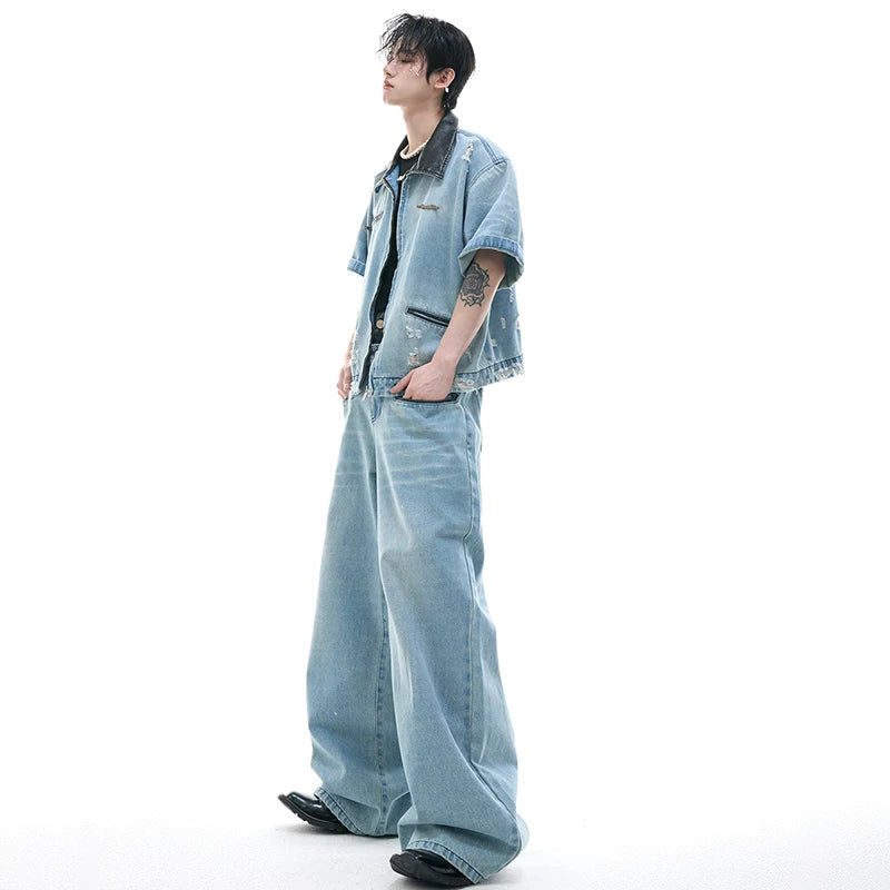 Color Contrast Leather Neck Denim Jeans