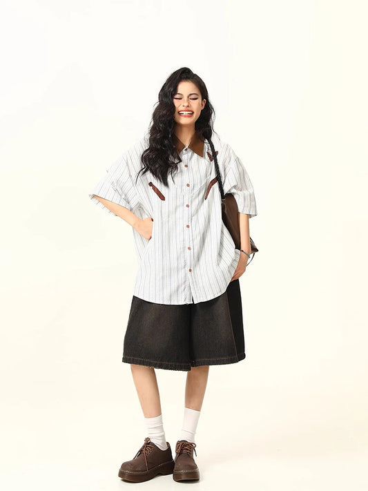 Chic Striped Short-Sleeved Korean Blouse Shirt