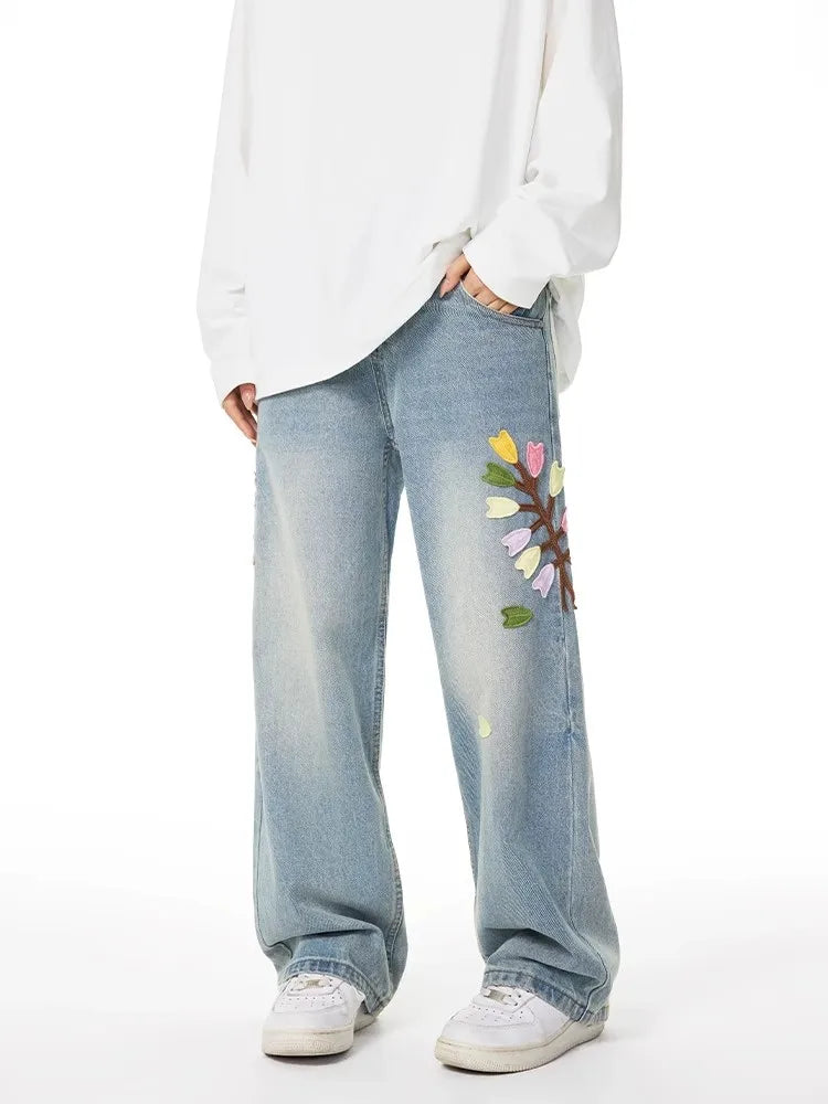 Blue Vintage Floral Embroidery High Jeans