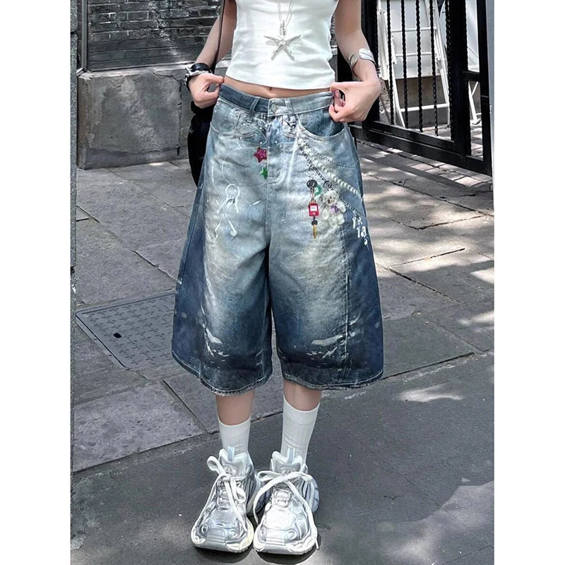Blue Vintage Star Print Baggy Shorts
