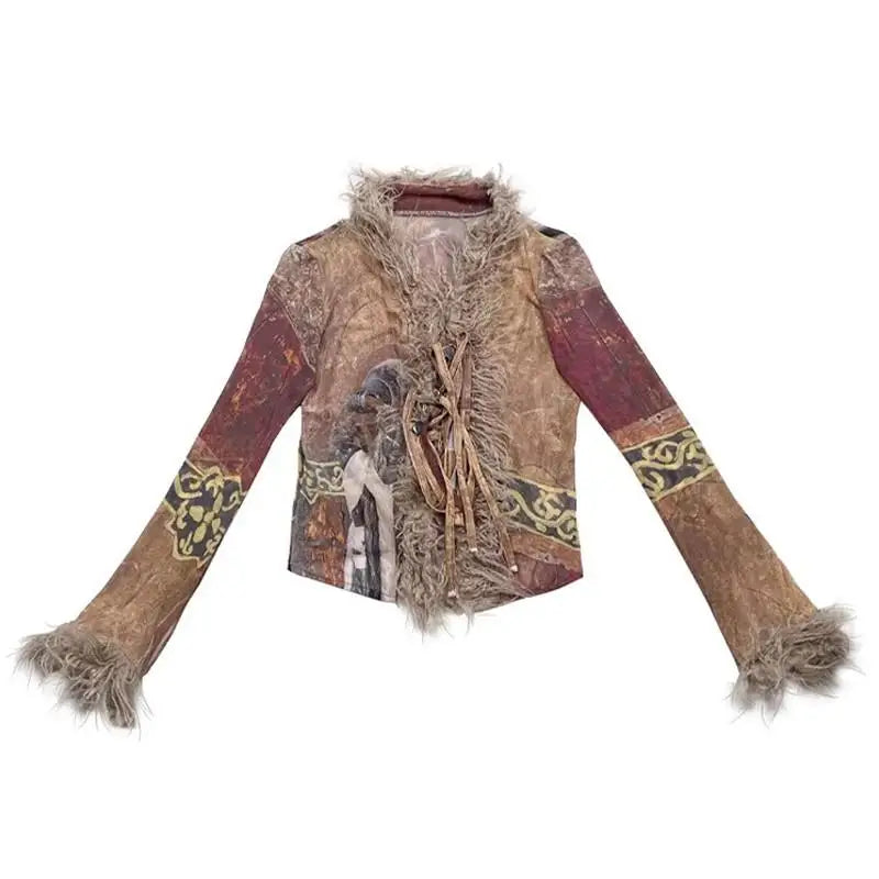 Vintage Grunge Aesthetics Tassel Mesh Shirt