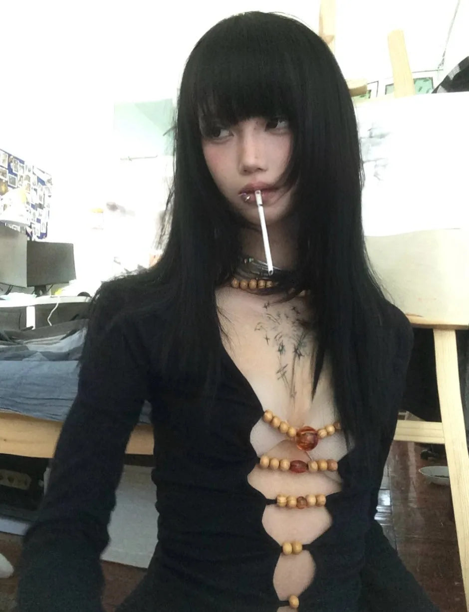 Vintage Beaded Hollow Out Long T-Shirt