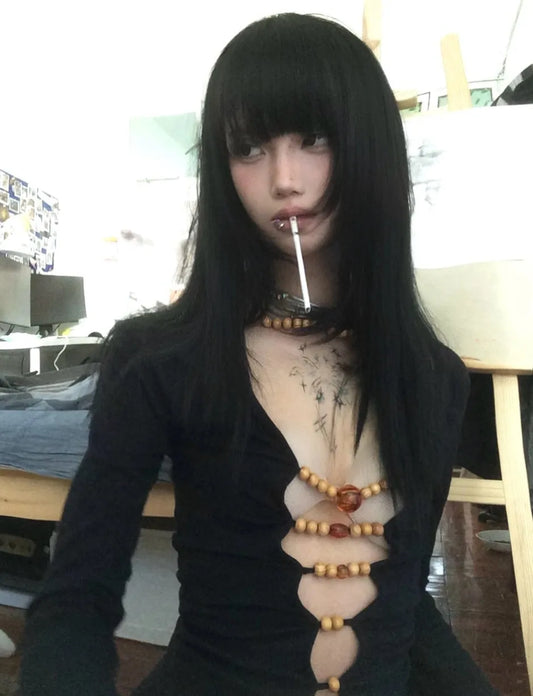 Vintage Beaded Hollow Out Long T-Shirt