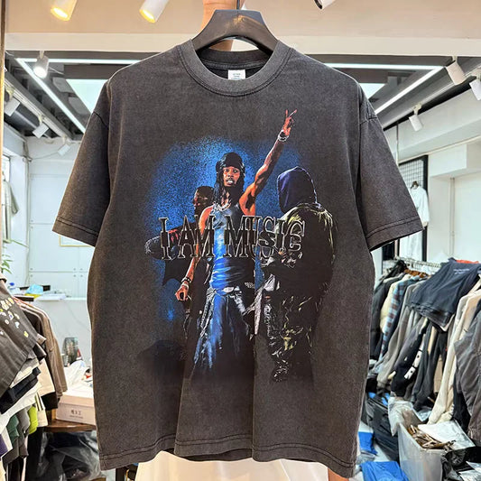 Washed Vintage Rock Singer Print T-Shirt