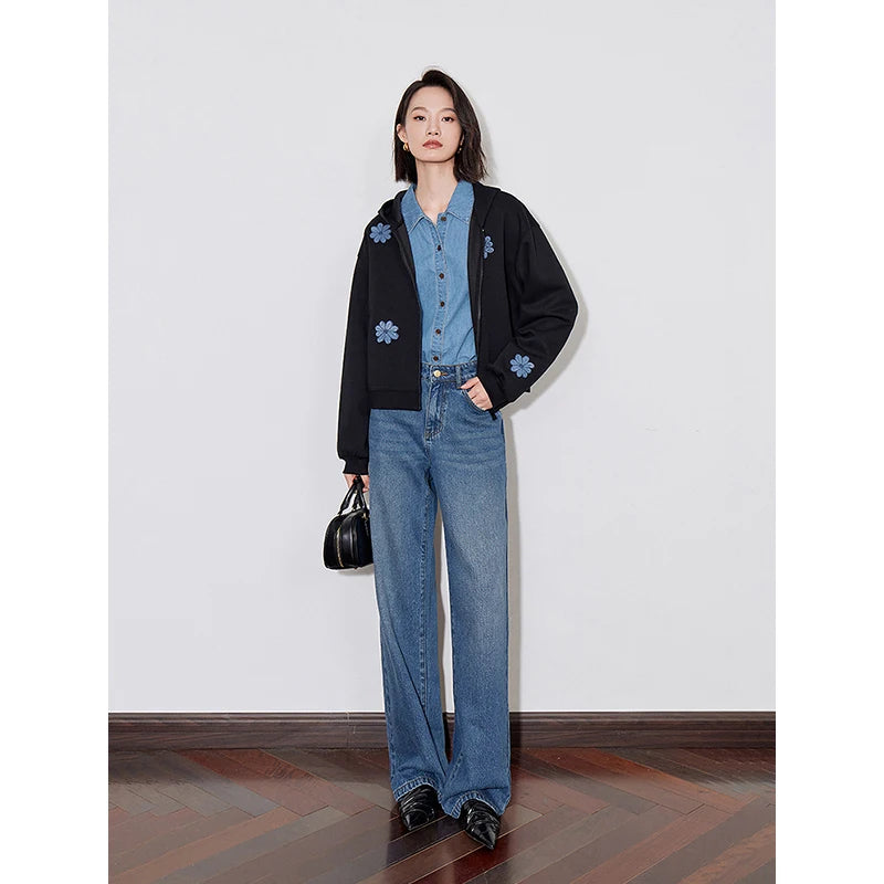 Floral Embroidery Casual Zipper Cardigan Sweater
