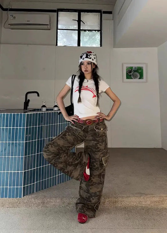Retro Camouflage Workwear Flared High Jeans