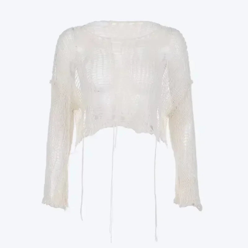 Stylish White Grunge Knit Crop