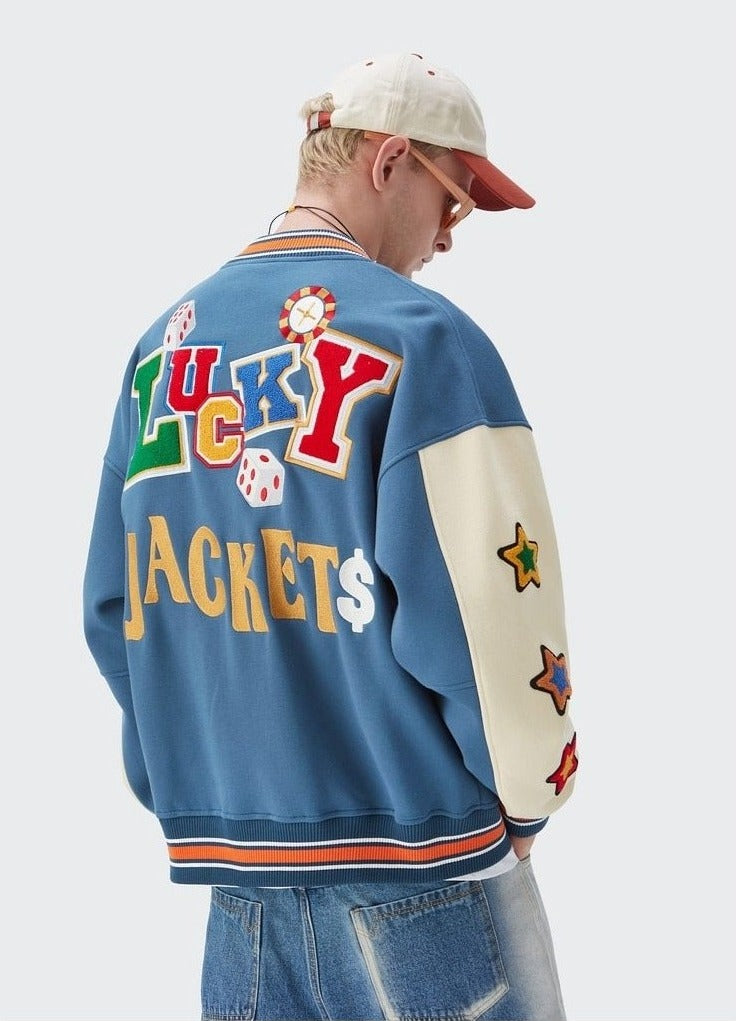 A guy wearing Bomber Varsity Jacket from back view