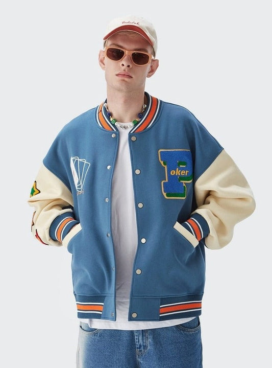 A guy wearing Bomber Varsity Jacket from front view